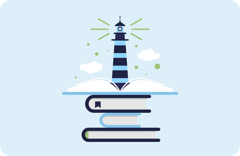 lighthouse in clouds above a stack of books