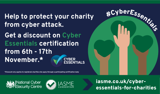 Cyber campaign poster with diverse range of hands holding green hearts