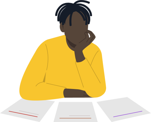 Person looking at three sheets of paper trying to make a decision. 