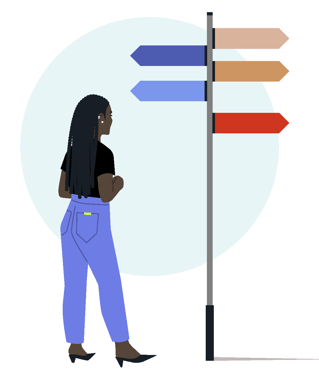 Woman standing in front of signpost looking for directions. 