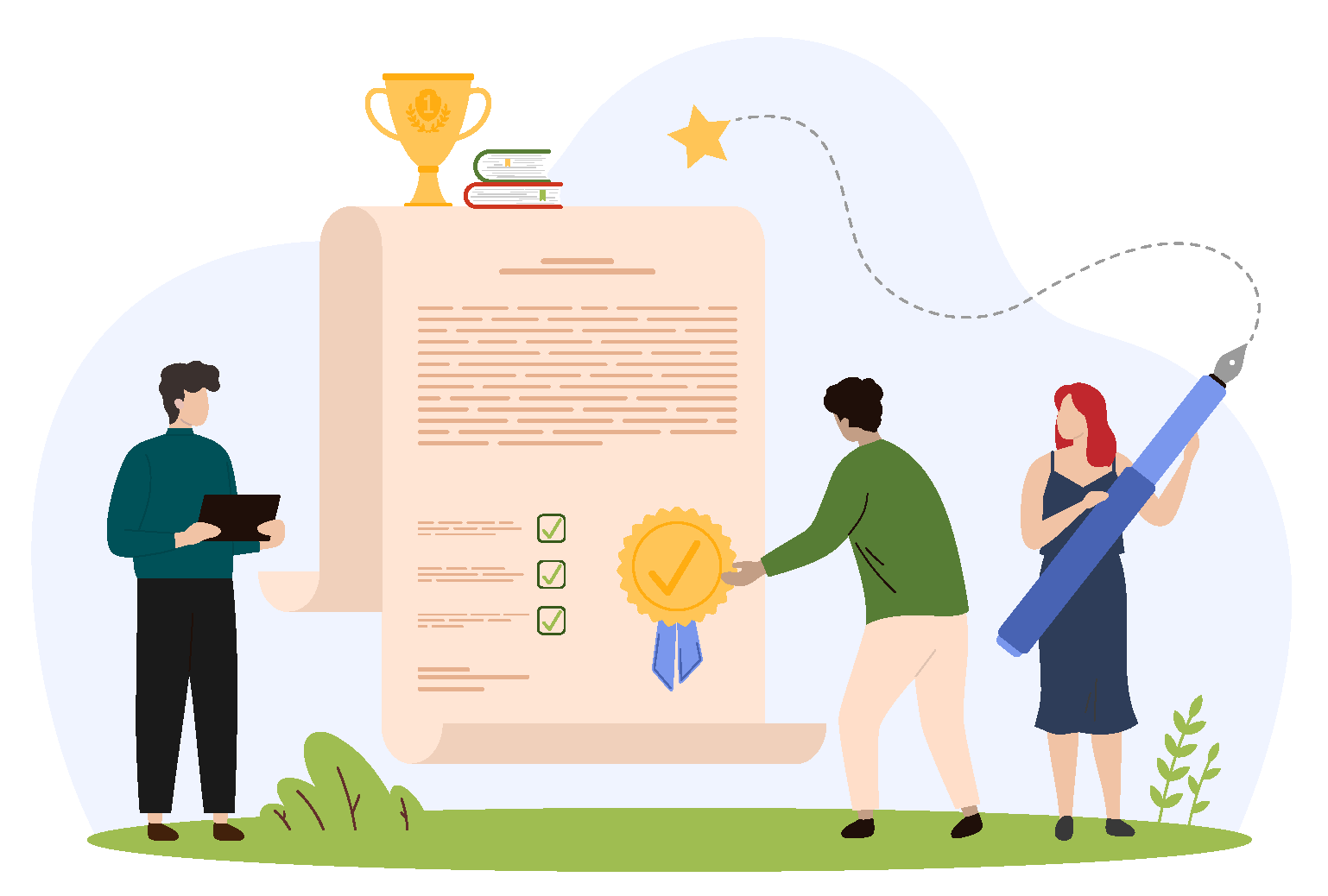 Illustration of three people around a large certificate with a gold seal, a trophy and books on top.