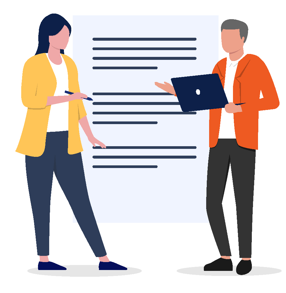 Illustration of two coworkers discussing a large document, one holding a pen and the other a laptop.